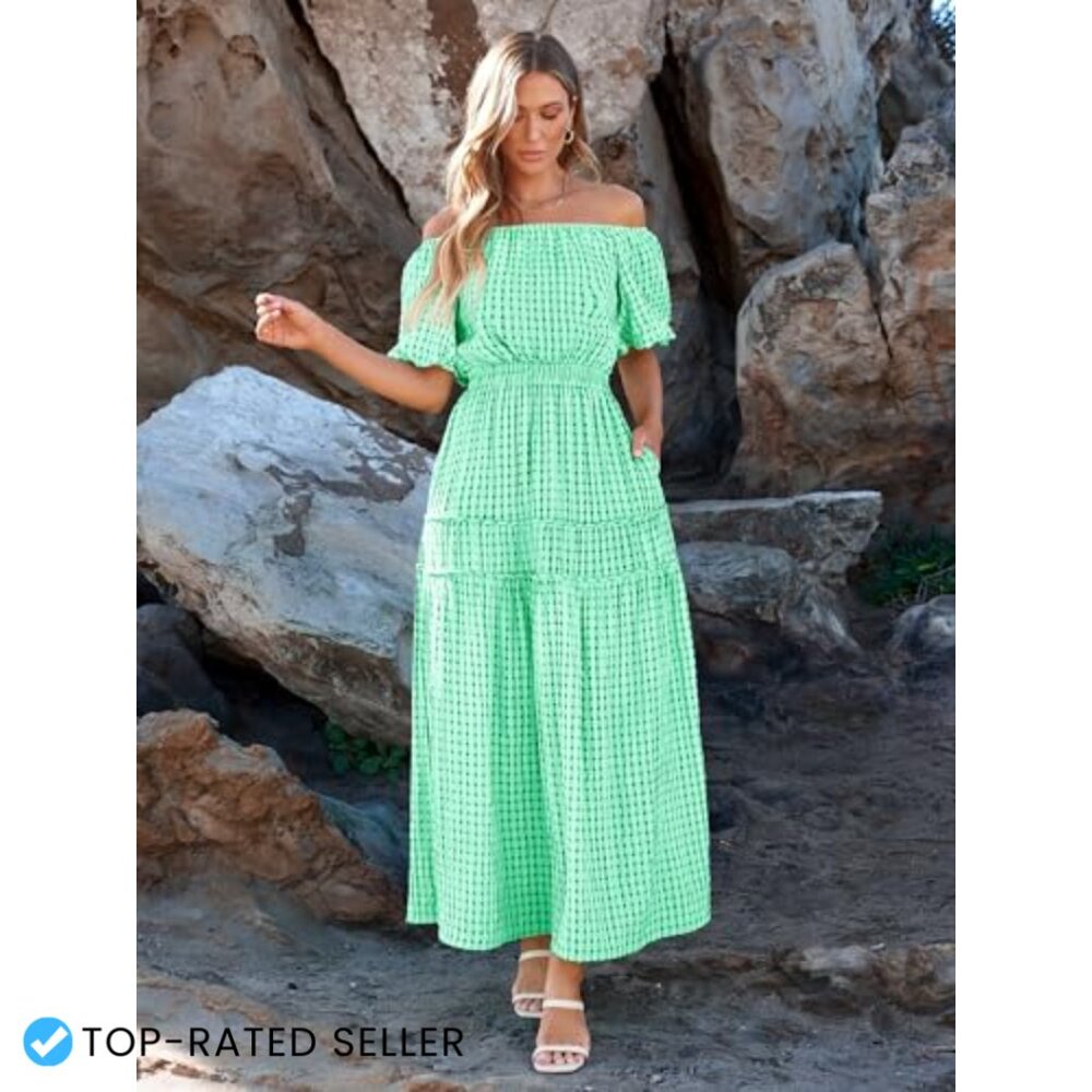 Off Shoulder Smocked Maxi Dress Flowy Boho Summer Casual Puff Sleeve - Picture 3 of 7